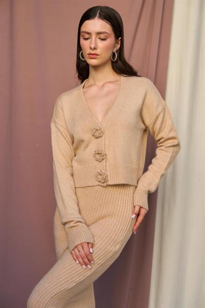 Güllü Elbiseli Hırka Takım - Bej