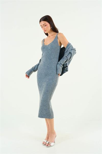 Güllü Elbiseli Hırka Takım - Gri