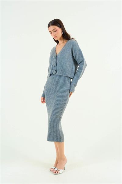 Güllü Elbiseli Hırka Takım - Gri