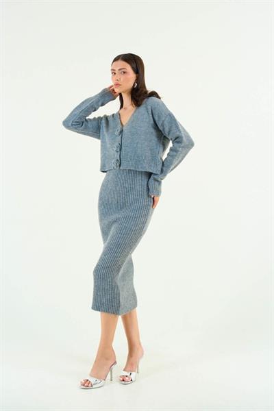 Güllü Elbiseli Hırka Takım - Gri