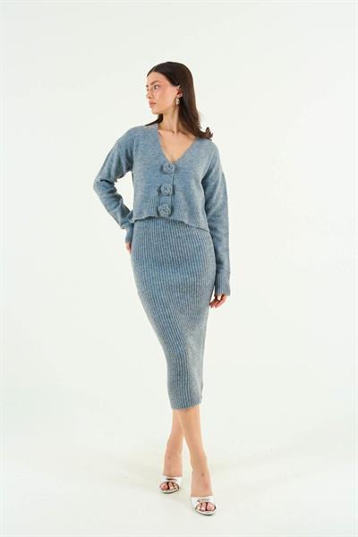 Güllü Elbiseli Hırka Takım - Gri