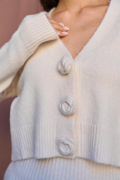 Güllü Elbiseli Hırka Takım - Krem