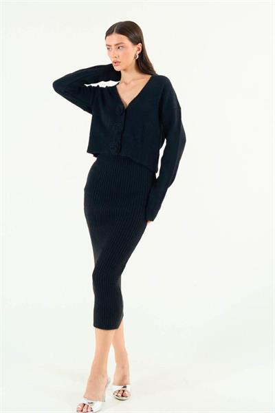 Güllü Elbiseli Hırka Takım - Siyah