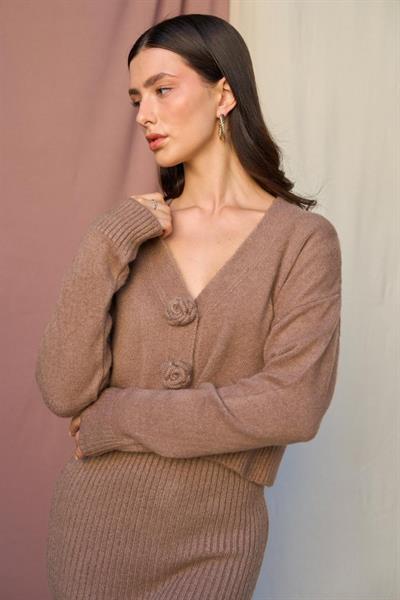 Güllü Elbiseli Hırka Takım - Vizon