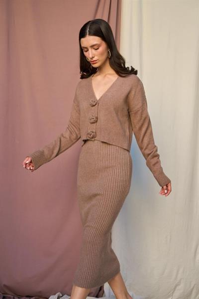 Güllü Elbiseli Hırka Takım - Vizon