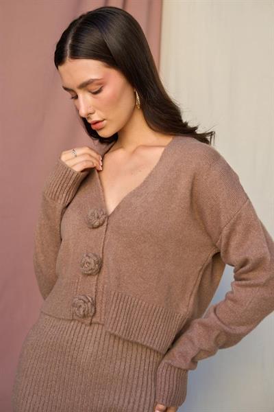 Güllü Elbiseli Hırka Takım - Vizon