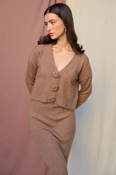 Güllü Elbiseli Hırka Takım - Vizon