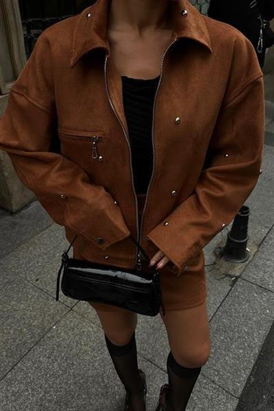 Gümüş Aksesuarlı Ceket Etek İçi Astarlı Süet Takım 10000