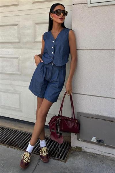 Gümüş Düğmeli Yelek Ve Şort Tensel Takım 10174