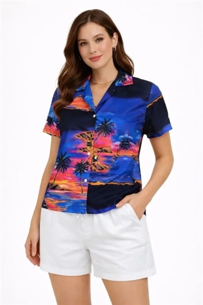 Gün Batımı Tropikal Desenli Kısa Kol Gömlek Şort Takım Yazlık Rahat Kalıp - Desenli