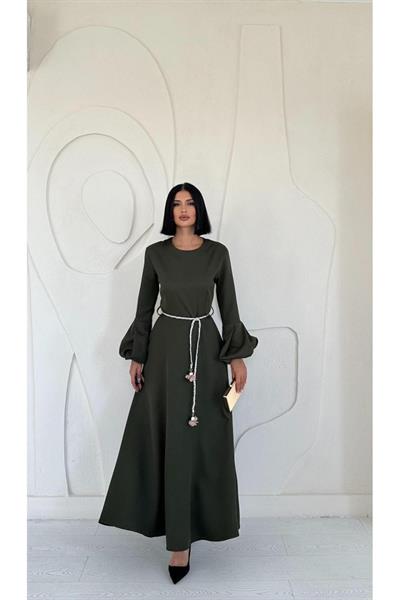 Haki Balon Kollu Kuşaklı Elbise