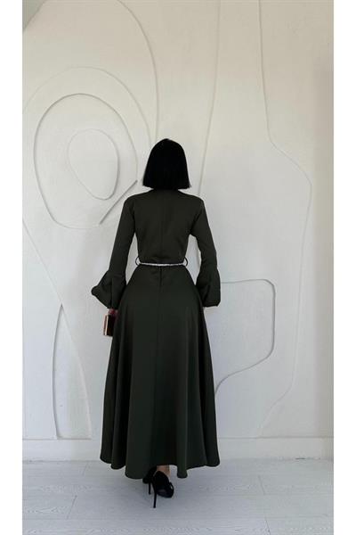 Haki Balon Kollu Kuşaklı Elbise