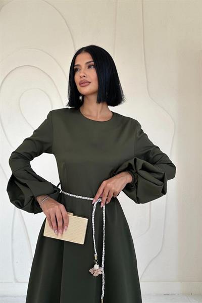 Haki Balon Kollu Kuşaklı Elbise