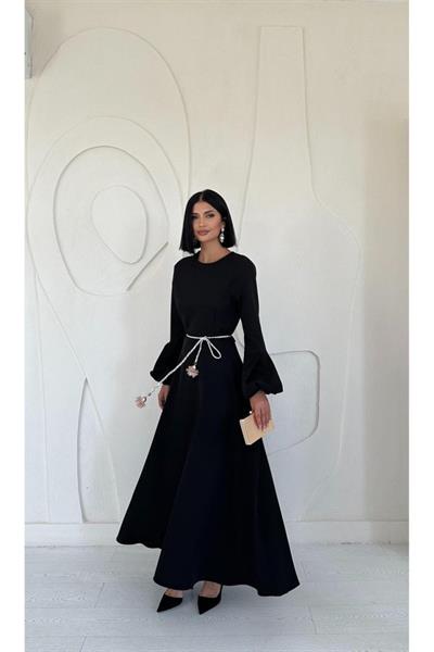 Haki Balon Kollu Kuşaklı Elbise