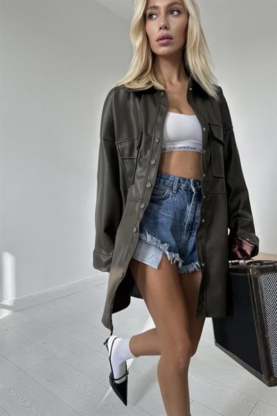 Haki Çıtçıt Kapama Cepli Deri Ceket