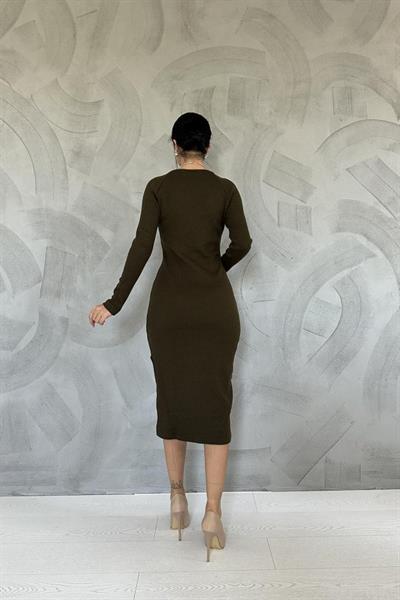 Haki Eteği Yırtmaçlı Triko Elbise