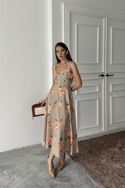 Haki İnce Kemer Detaylı Elbise