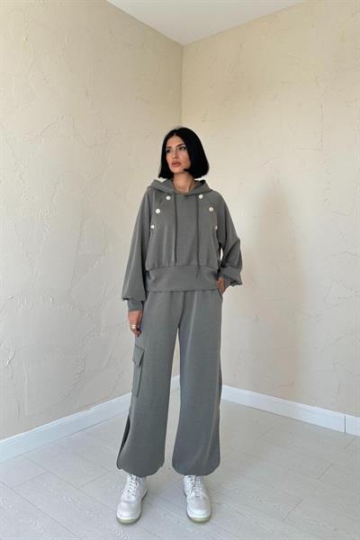 Haki Kapüşonlu Sweatshirt Ve Kargo Pantolon Takım