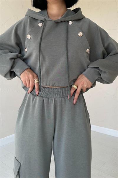 Haki Kapüşonlu Sweatshirt Ve Kargo Pantolon Takım