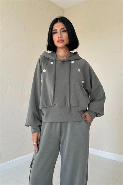 Haki Kapüşonlu Sweatshirt Ve Kargo Pantolon Takım