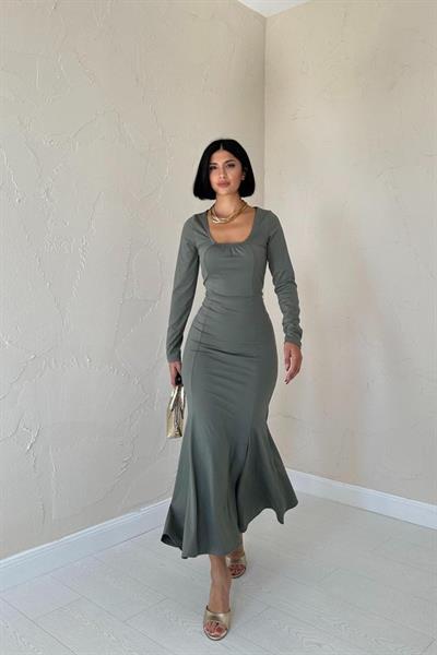 Haki Kare Yaka Klasik Elbise