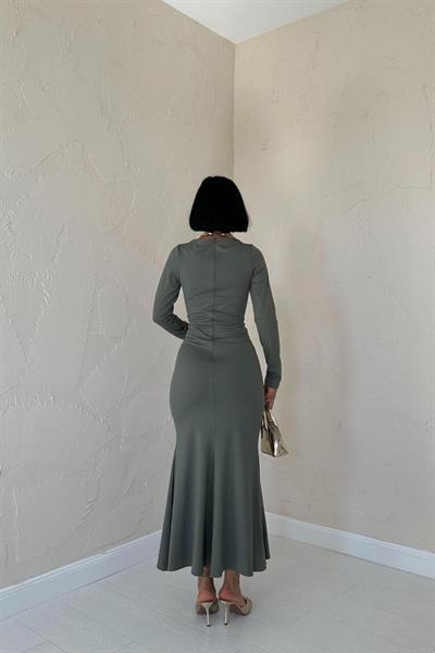 Haki Kare Yaka Klasik Elbise