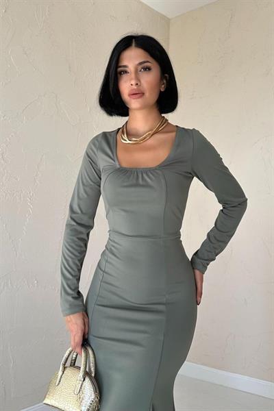 Haki Kare Yaka Klasik Elbise