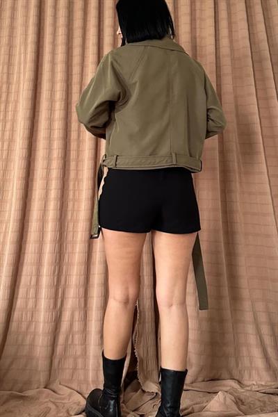 Haki Kemerli Kısa Trech Ceket