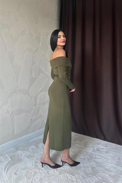 Haki Kemerli Triko Elbise