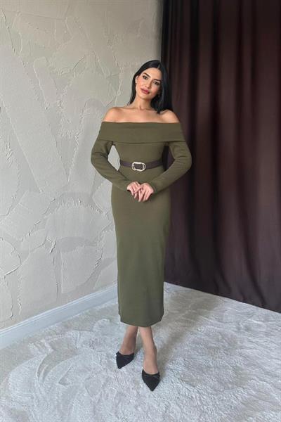 Haki Kemerli Triko Elbise