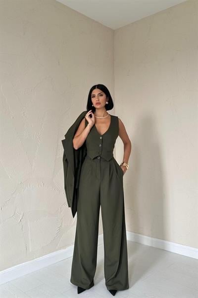 Haki Klas Ceket Ve Yelek Ve Pantolon Takım