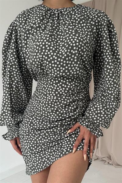 Haki Puantiyeli Önü Büzgülü Elbise