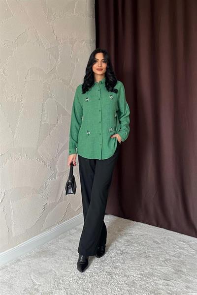 Haki Taş İşlemeli Gömlek