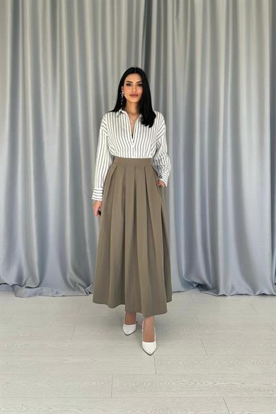 Haki Uzun Pileli Etek