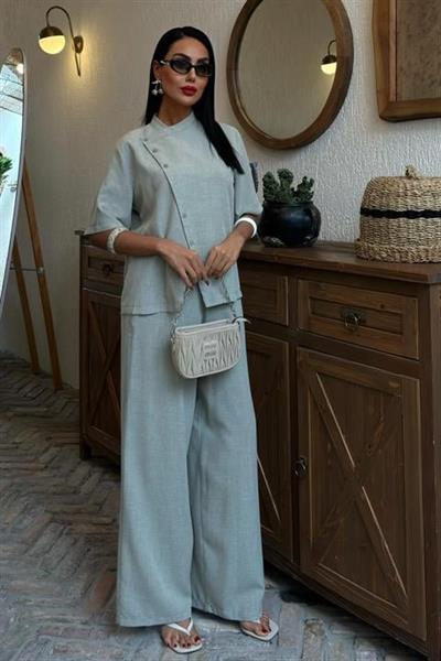 Hakim Yaka Çapraz Düğmeli Plazzo Pantolon Viscon Keten Takım 10091