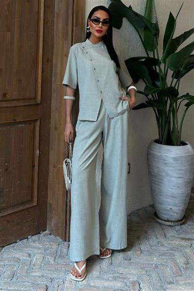 Hakim Yaka Çapraz Düğmeli Plazzo Pantolon Viscon Keten Takım 10091