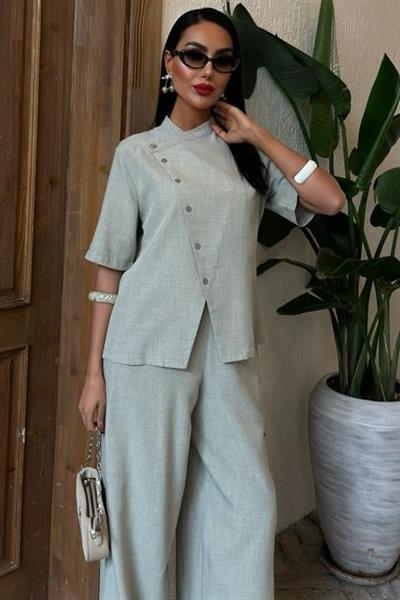 Hakim Yaka Çapraz Düğmeli Plazzo Pantolon Viscon Keten Takım 10091