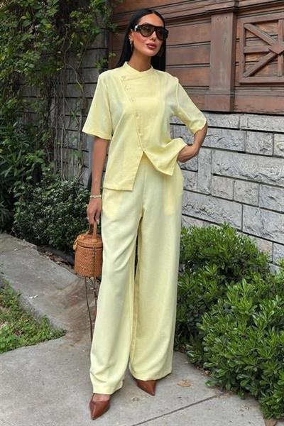 Hakim Yaka Çapraz Düğmeli Plazzo Pantolon Viscon Keten Takım 10209