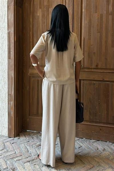 Hakim Yaka Çapraz Düğmeli Plazzo Pantolon Viscon Keten Takım 10091