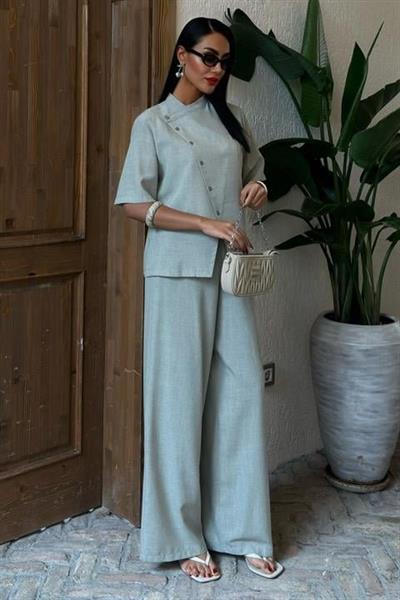 Hakim Yaka Çapraz Düğmeli Plazzo Pantolon Viscon Keten Takım 10091
