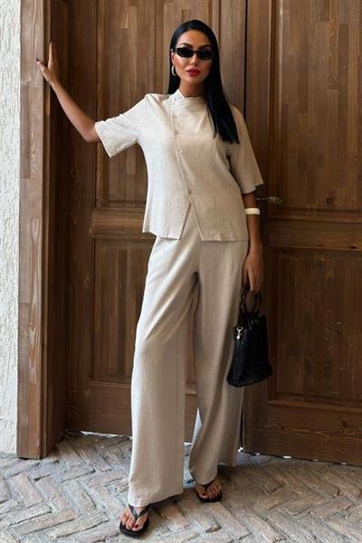 Hakim Yaka Çapraz Düğmeli Plazzo Pantolon Viscon Keten Takım 10091