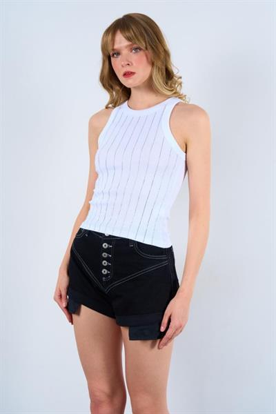Halter Yaka Taş Baskılı Atlet - Beyaz