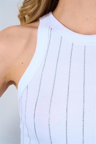 Halter Yaka Taş Baskılı Atlet - Beyaz