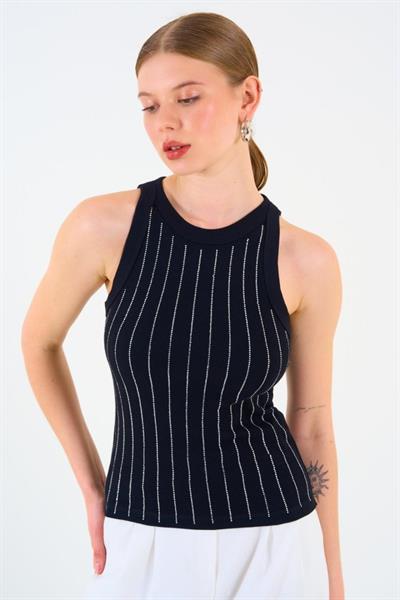 Halter Yaka Taş Baskılı Atlet - Siyah