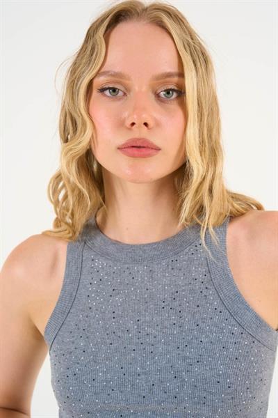 Halter Yaka Taşlı Atlet - Antrasit