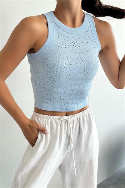 Halter Yaka Taşlı Atlet - Bebe Mavisi