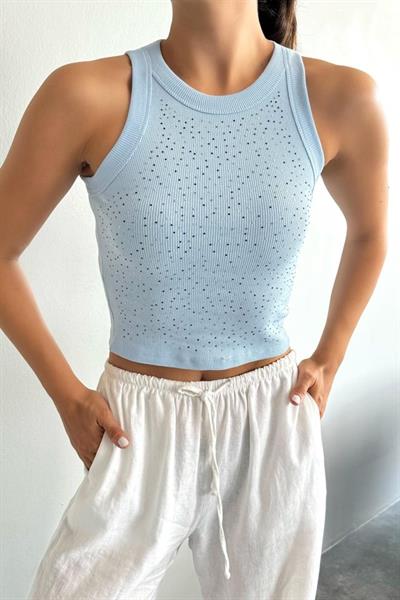 Halter Yaka Taşlı Atlet - Bebe Mavisi