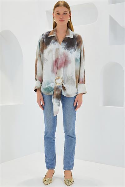 Hardal Ekru Oversize Dökümlü Saten Gömlek 907