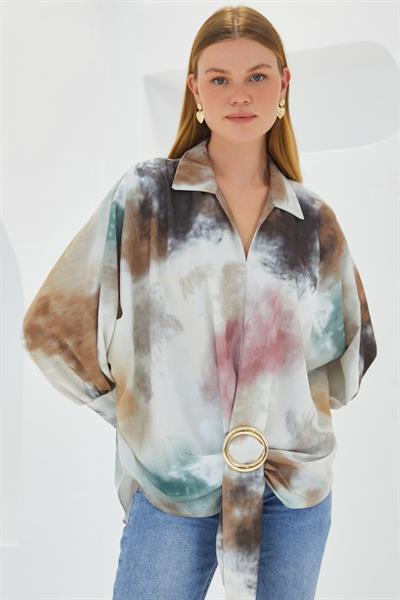 Hardal Ekru Oversize Dökümlü Saten Gömlek 907