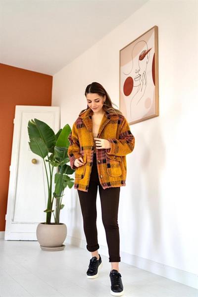 Hardal Fuşya Düğmeli Ekoseli Kaban